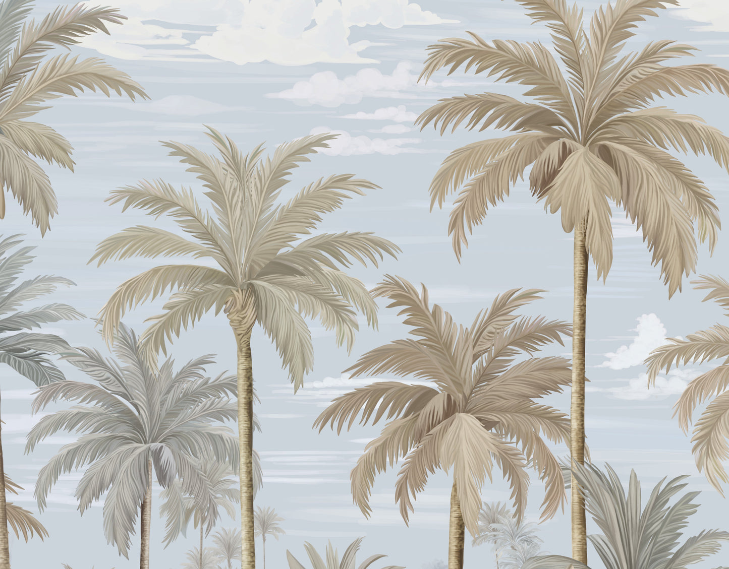 An architectural perspective of a contemporary coastal lounge featuring the Palmscape Bliss Mural as a full-scale feature wall behind a minimalist wooden sofa. The mural’s vertical composition and airy color story create a peaceful, expansive focal point that pairs elegantly with natural jute rugs and wood-toned accents.