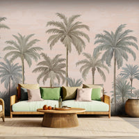 An architectural perspective of a contemporary lounge featuring the Palmscape Bliss Mural in Peach as a full-scale feature wall. The mural’s vertical composition and warm color story create a peaceful, expansive focal point that pairs elegantly with natural wooden furniture and soft, neutral textiles.