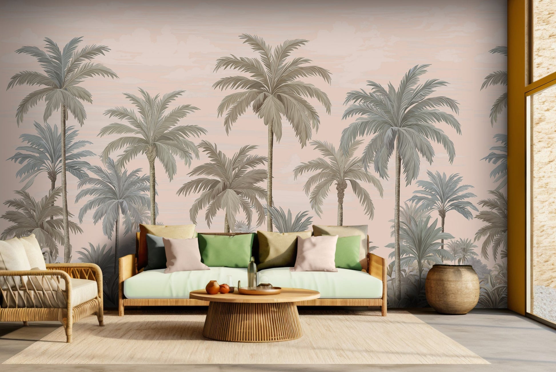 An architectural perspective of a contemporary lounge featuring the Palmscape Bliss Mural in Peach as a full-scale feature wall. The mural’s vertical composition and warm color story create a peaceful, expansive focal point that pairs elegantly with natural wooden furniture and soft, neutral textiles.