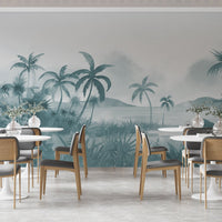 An architectural perspective of a modern, low-profile lounge featuring the Panoramic Tranquility Mural in Payne Grey as a full-scale feature wall. The mural’s wide-angle coastal vista pairs strikingly with sleek stone surfaces and polished metal accents, creating a peaceful and cultured interior sanctuary.