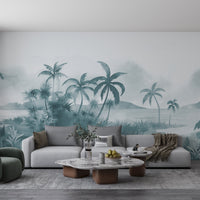 An architectural perspective of a modern, low-profile lounge featuring the Panoramic Tranquility Mural in Payne Grey as a full-scale feature wall. The mural’s wide-angle coastal vista pairs strikingly with sleek stone surfaces and polished metal accents, creating a peaceful and cultured interior sanctuary.