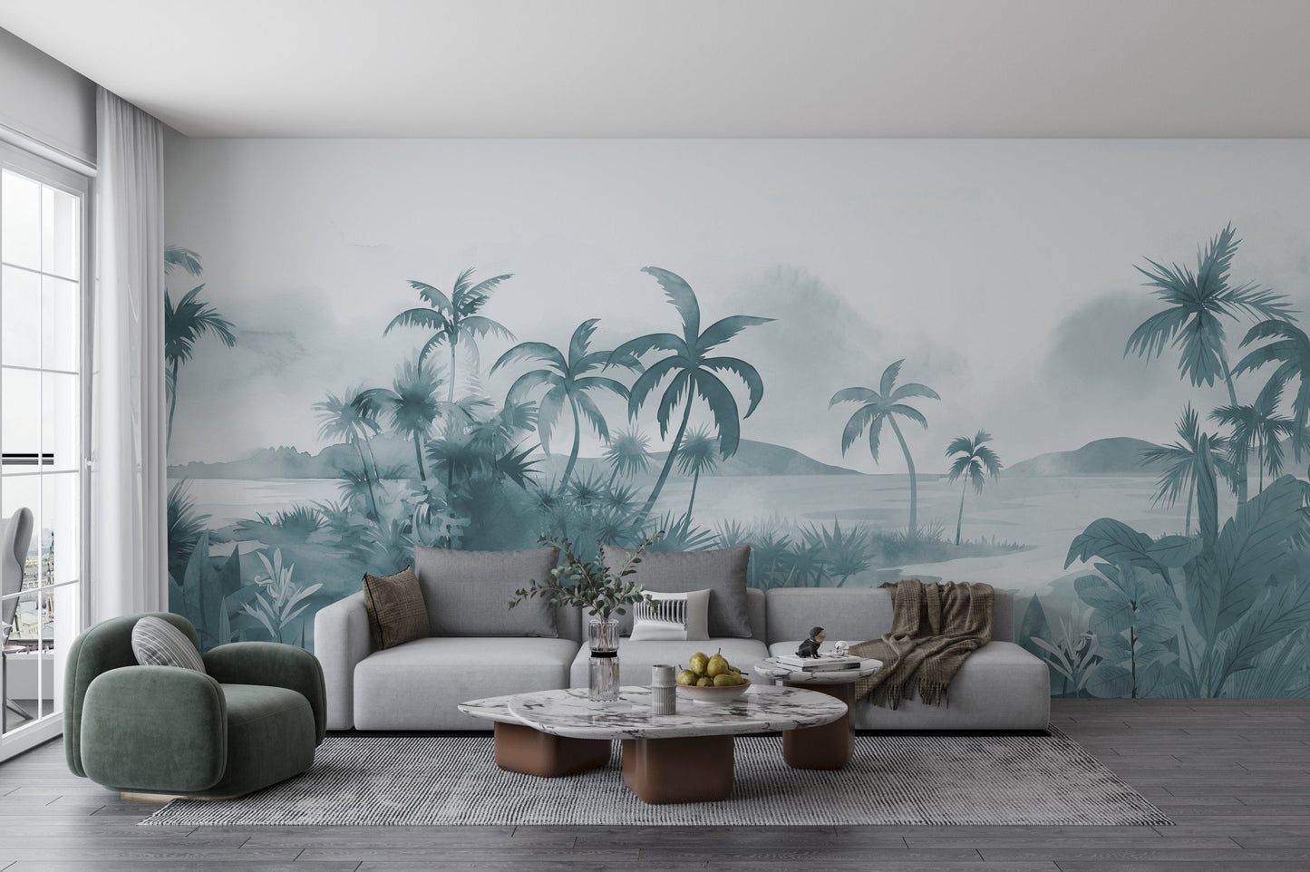 An architectural perspective of a modern, low-profile lounge featuring the Panoramic Tranquility Mural in Payne Grey as a full-scale feature wall. The mural’s wide-angle coastal vista pairs strikingly with sleek stone surfaces and polished metal accents, creating a peaceful and cultured interior sanctuary.