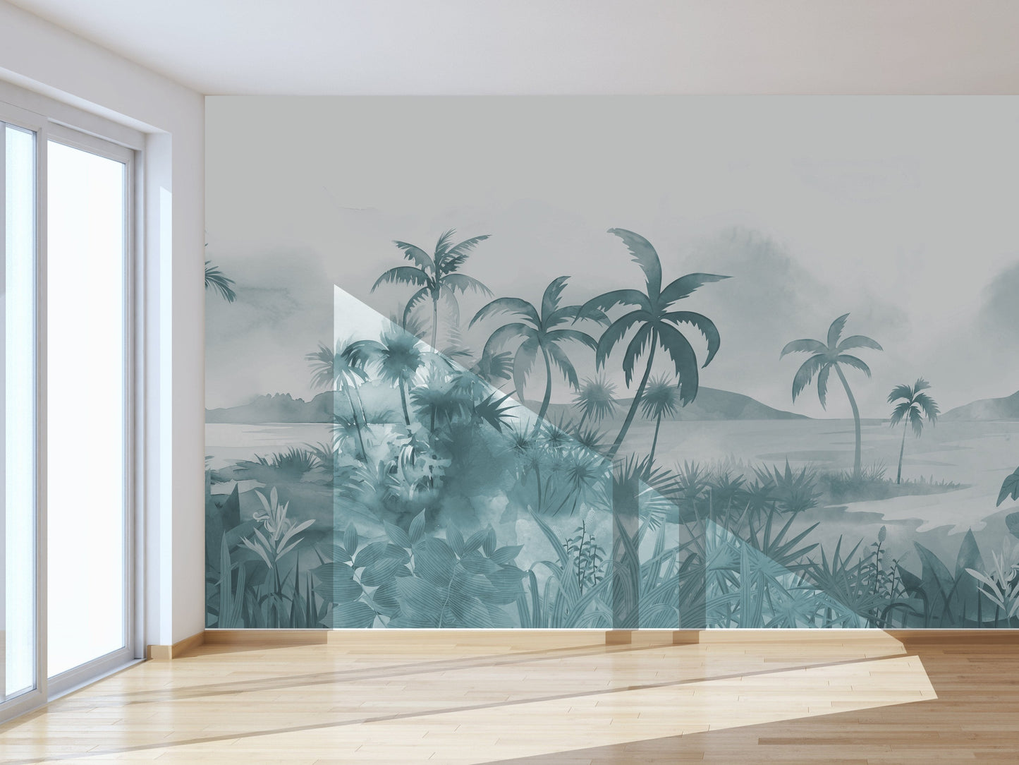 An architectural perspective of a modern, low-profile lounge featuring the Panoramic Tranquility Mural in Payne Grey as a full-scale feature wall. The mural’s wide-angle coastal vista pairs strikingly with sleek stone surfaces and polished metal accents, creating a peaceful and cultured interior sanctuary.