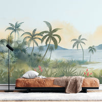 An architectural perspective of a modern, low-profile lounge featuring the Panoramic Tranquility Mural as a full-scale feature wall. The mural’s wide-angle coastal vista pairs elegantly with cognac leather and minimalist lighting, creating a peaceful and cultured interior sanctuary.