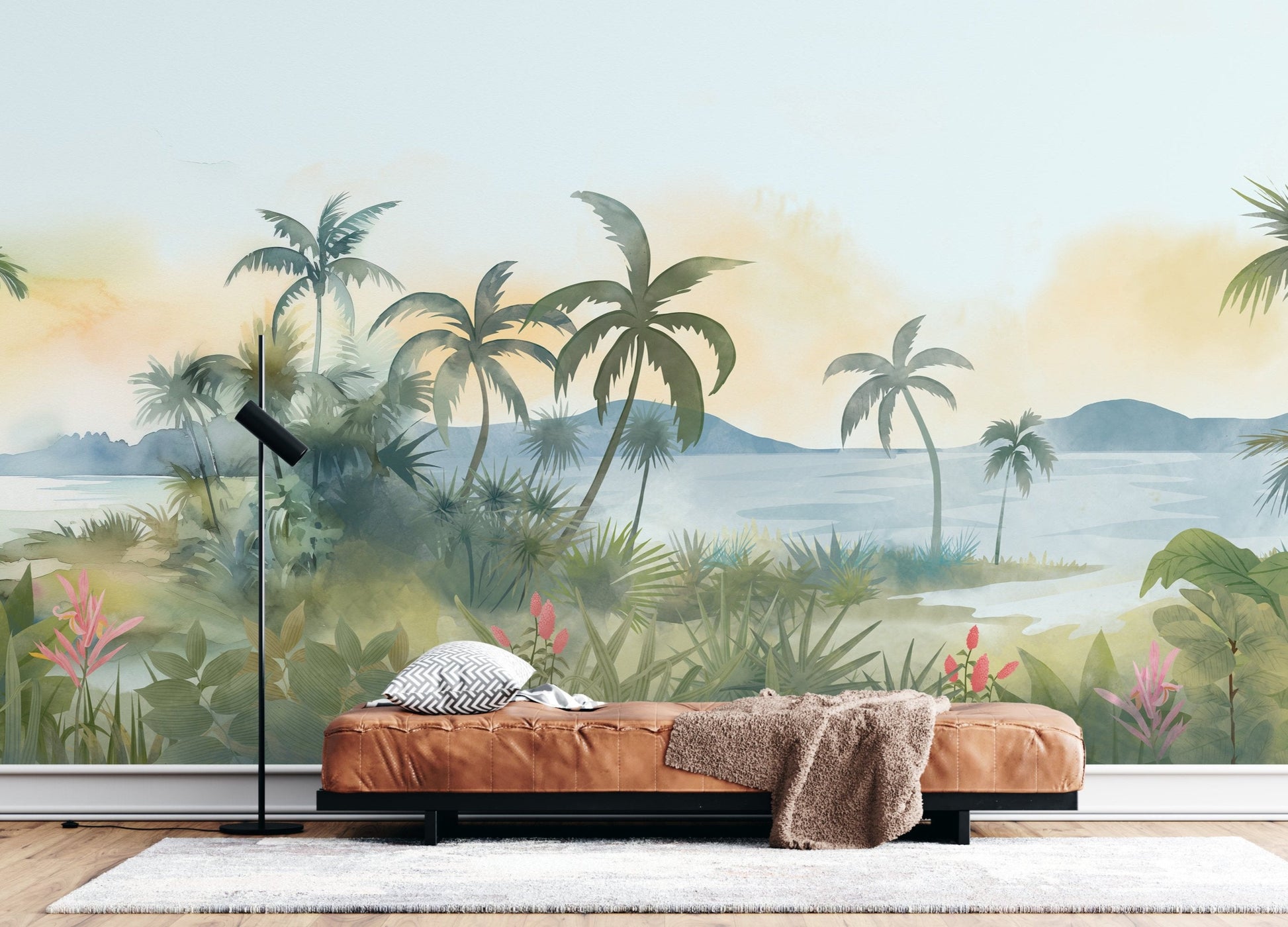 An architectural perspective of a modern, low-profile lounge featuring the Panoramic Tranquility Mural as a full-scale feature wall. The mural’s wide-angle coastal vista pairs elegantly with cognac leather and minimalist lighting, creating a peaceful and cultured interior sanctuary.