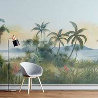 An architectural perspective of a modern, low-profile lounge featuring the Panoramic Tranquility Mural as a full-scale feature wall. The mural’s wide-angle coastal vista pairs elegantly with cognac leather and minimalist lighting, creating a peaceful and cultured interior sanctuary.