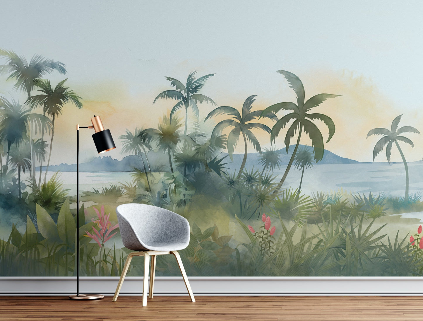 An architectural perspective of a modern, low-profile lounge featuring the Panoramic Tranquility Mural as a full-scale feature wall. The mural’s wide-angle coastal vista pairs elegantly with cognac leather and minimalist lighting, creating a peaceful and cultured interior sanctuary.