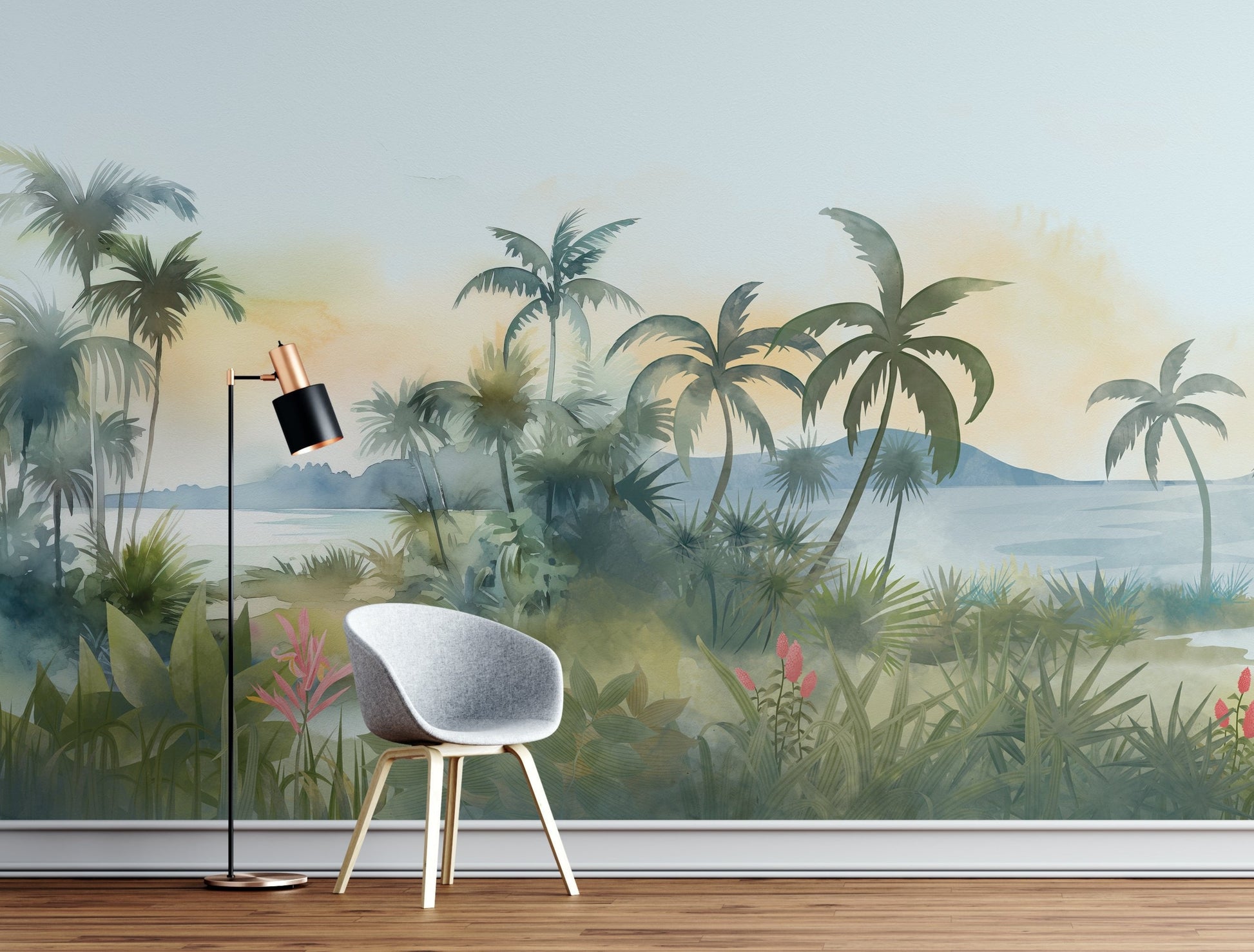 An architectural perspective of a modern, low-profile lounge featuring the Panoramic Tranquility Mural as a full-scale feature wall. The mural’s wide-angle coastal vista pairs elegantly with cognac leather and minimalist lighting, creating a peaceful and cultured interior sanctuary.