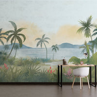 An architectural perspective of a modern, low-profile lounge featuring the Panoramic Tranquility Mural as a full-scale feature wall. The mural’s wide-angle coastal vista pairs elegantly with cognac leather and minimalist lighting, creating a peaceful and cultured interior sanctuary.