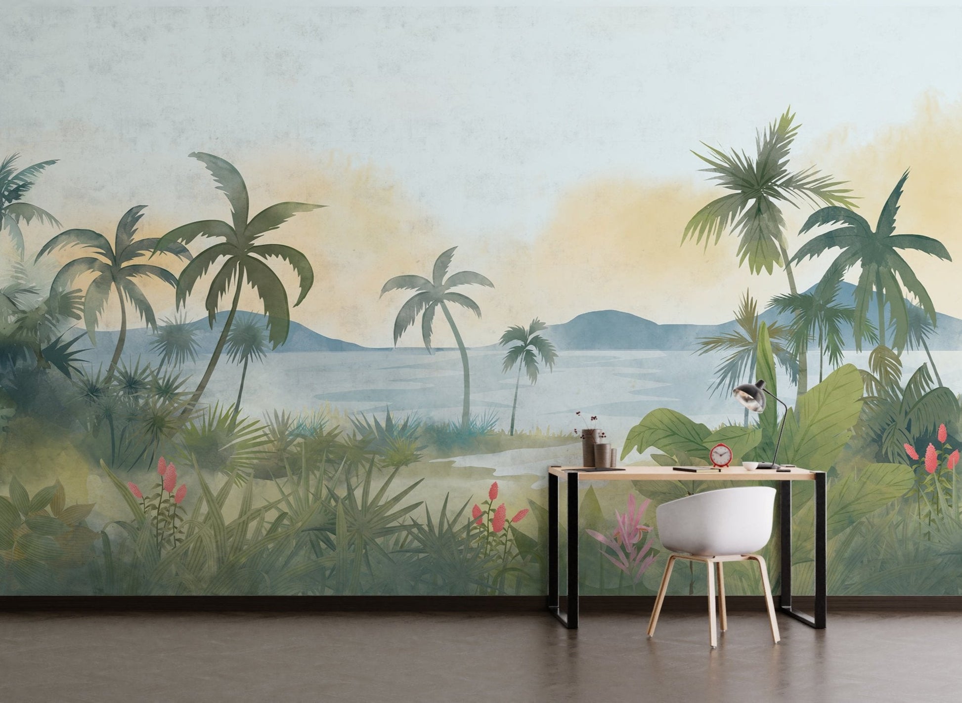 An architectural perspective of a modern, low-profile lounge featuring the Panoramic Tranquility Mural as a full-scale feature wall. The mural’s wide-angle coastal vista pairs elegantly with cognac leather and minimalist lighting, creating a peaceful and cultured interior sanctuary.