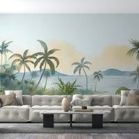 An architectural perspective of a modern, low-profile lounge featuring the Panoramic Tranquility Mural as a full-scale feature wall. The mural’s wide-angle coastal vista pairs elegantly with cognac leather and minimalist lighting, creating a peaceful and cultured interior sanctuary.