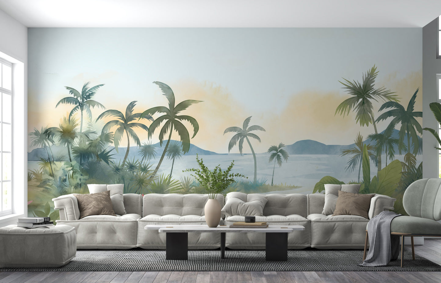 An architectural perspective of a modern, low-profile lounge featuring the Panoramic Tranquility Mural as a full-scale feature wall. The mural’s wide-angle coastal vista pairs elegantly with cognac leather and minimalist lighting, creating a peaceful and cultured interior sanctuary.