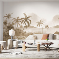An architectural perspective of a modern, low-profile lounge featuring the Panoramic Tranquility Mural in Taupe as a full-scale feature wall. The mural’s wide-angle coastal vista pairs strikingly with natural wood textures and linen upholstery, creating a peaceful and cultured interior sanctuary.