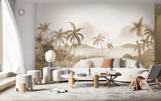An architectural perspective of a modern, low-profile lounge featuring the Panoramic Tranquility Mural in Taupe as a full-scale feature wall. The mural’s wide-angle coastal vista pairs strikingly with natural wood textures and linen upholstery, creating a peaceful and cultured interior sanctuary.