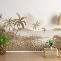 An architectural perspective of a modern, low-profile lounge featuring the Panoramic Tranquility Mural in Taupe as a full-scale feature wall. The mural’s wide-angle coastal vista pairs strikingly with natural wood textures and linen upholstery, creating a peaceful and cultured interior sanctuary.