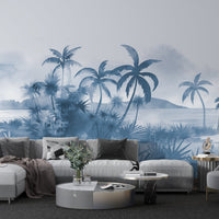 An architectural perspective of a modern, low-profile lounge featuring the Panoramic Tranquility Mural in Shipyard as a full-scale feature wall. The mural’s wide-angle coastal vista pairs strikingly with sleek metal accents and polished stone surfaces, creating a peaceful and cultured interior sanctuary.