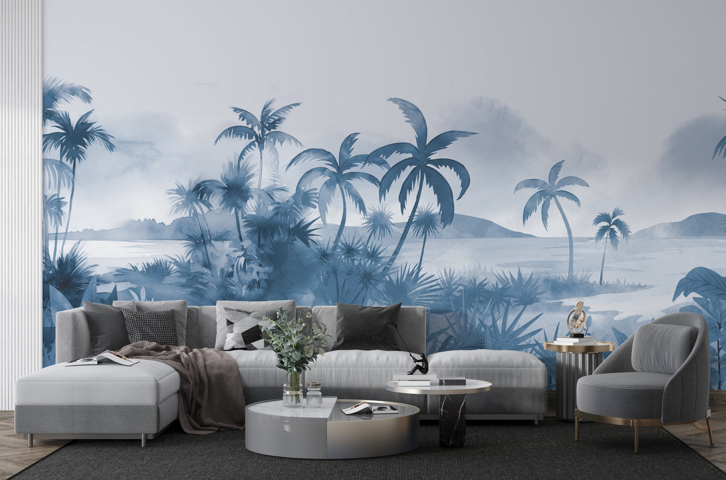 An architectural perspective of a modern, low-profile lounge featuring the Panoramic Tranquility Mural in Shipyard as a full-scale feature wall. The mural’s wide-angle coastal vista pairs strikingly with sleek metal accents and polished stone surfaces, creating a peaceful and cultured interior sanctuary.