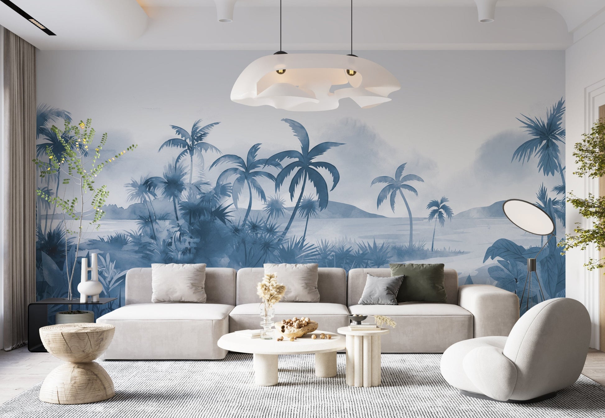 An architectural perspective of a modern, low-profile lounge featuring the Panoramic Tranquility Mural in Shipyard as a full-scale feature wall. The mural’s wide-angle coastal vista pairs strikingly with sleek metal accents and polished stone surfaces, creating a peaceful and cultured interior sanctuary.