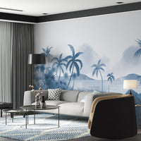 An architectural perspective of a modern, low-profile lounge featuring the Panoramic Tranquility Mural in Shipyard as a full-scale feature wall. The mural’s wide-angle coastal vista pairs strikingly with sleek metal accents and polished stone surfaces, creating a peaceful and cultured interior sanctuary.