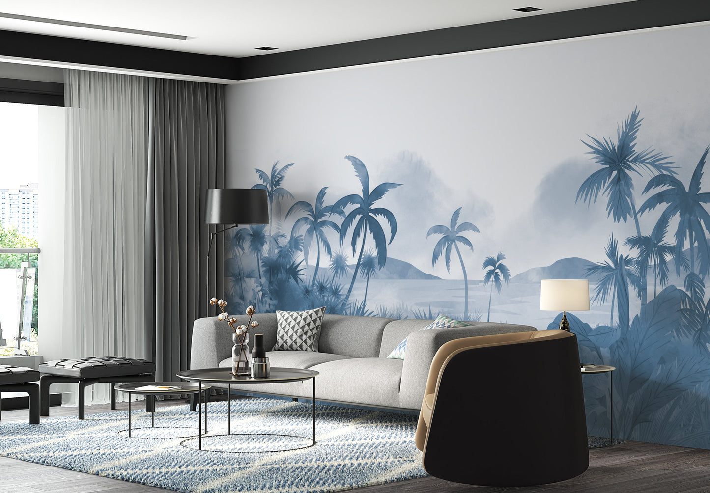 An architectural perspective of a modern, low-profile lounge featuring the Panoramic Tranquility Mural in Shipyard as a full-scale feature wall. The mural’s wide-angle coastal vista pairs strikingly with sleek metal accents and polished stone surfaces, creating a peaceful and cultured interior sanctuary.