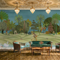 Panoramic Vrindavan Garden Pichwai wallpaper mural with peacocks, lush trees, temple pavilion and traditional Indian heritage landscape wall art for luxury living room by Tetsip Media