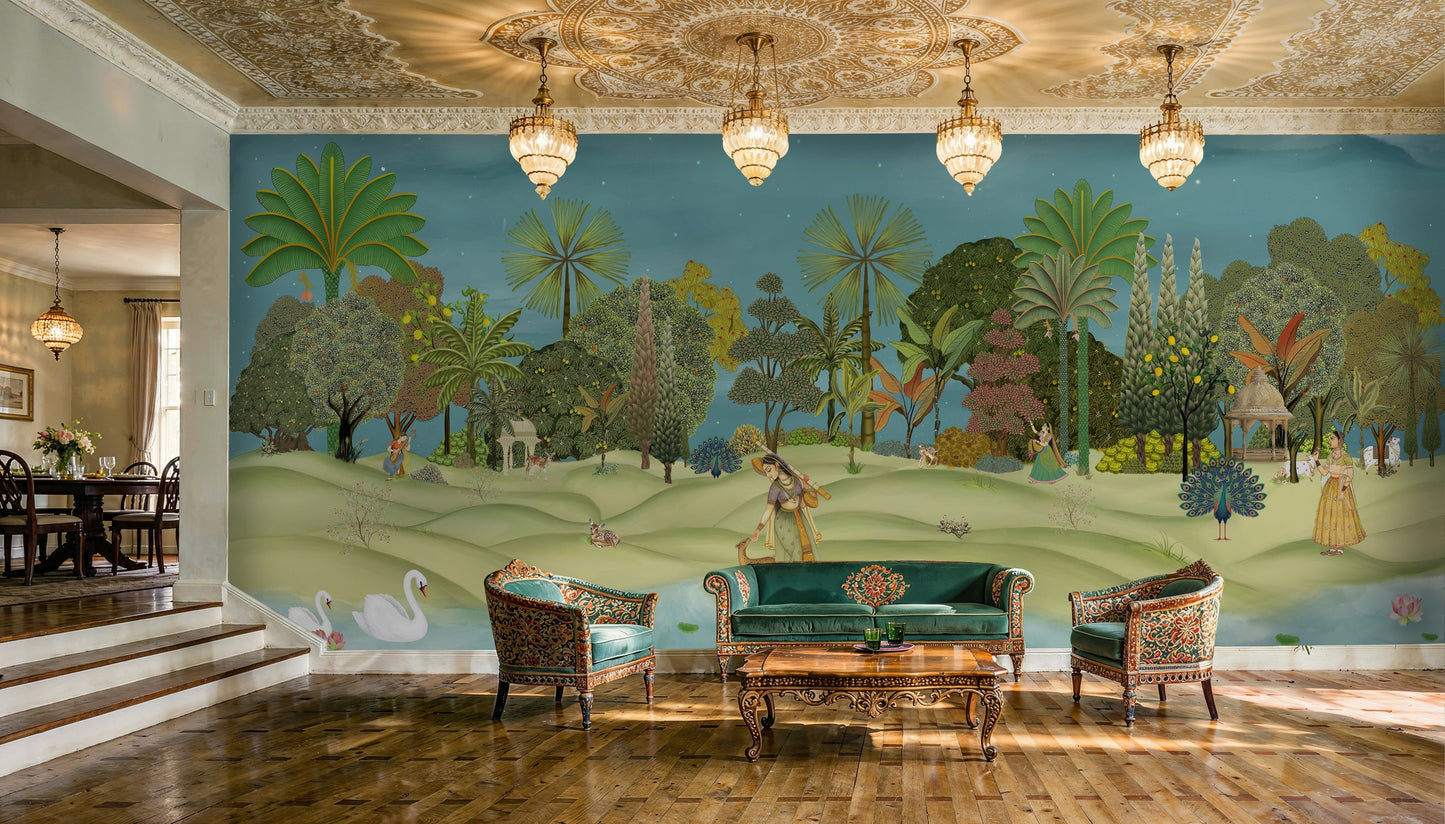 Panoramic Vrindavan Garden Pichwai wallpaper mural with peacocks, lush trees, temple pavilion and traditional Indian heritage landscape wall art for luxury living room by Tetsip Media