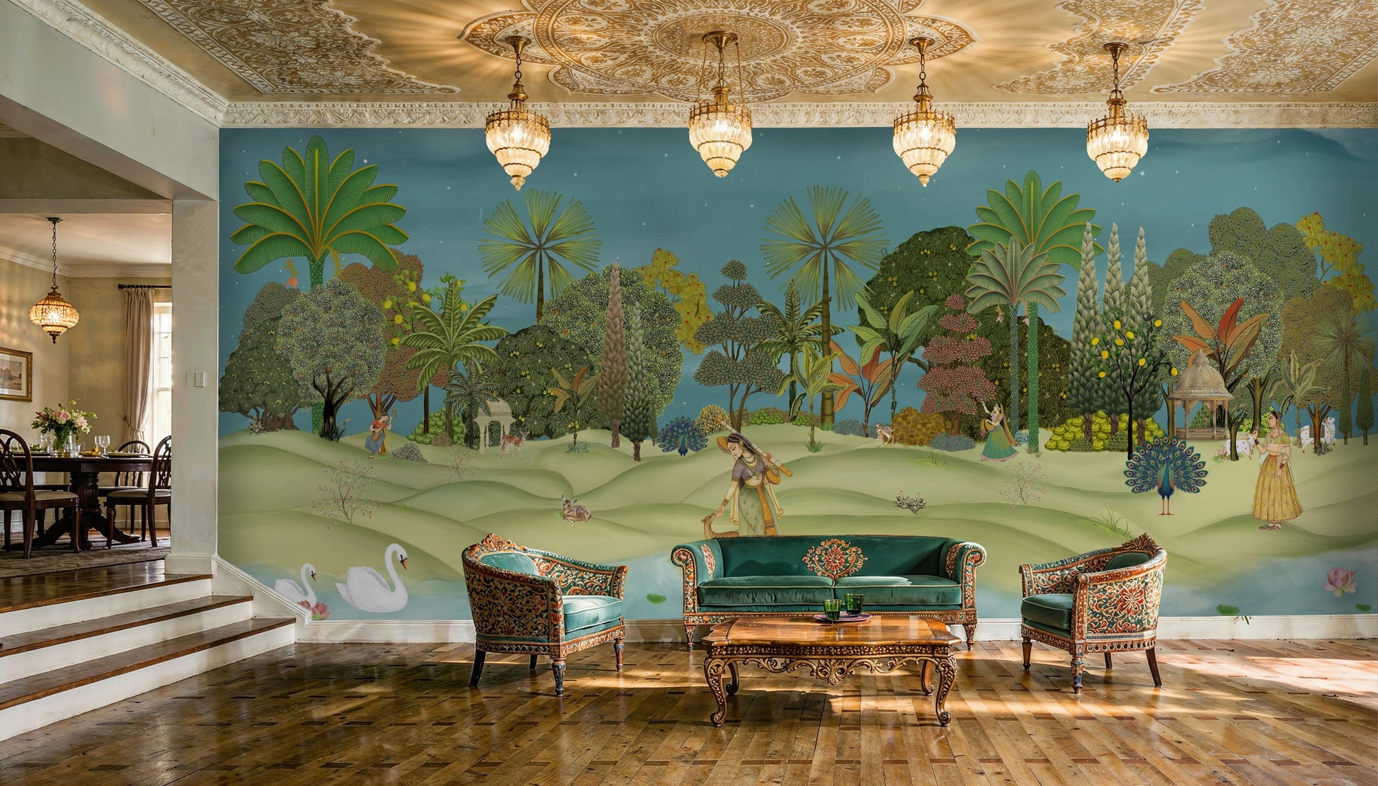 Panoramic Vrindavan Garden Pichwai wallpaper mural with peacocks, lush trees, temple pavilion and traditional Indian heritage landscape wall art for luxury living room by Tetsip Media