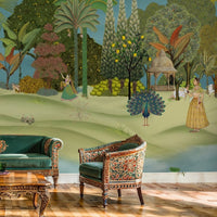 Panoramic Vrindavan Garden Pichwai wallpaper mural with peacocks, lush trees, temple pavilion and traditional Indian heritage landscape wall art for luxury living room by Tetsip Media