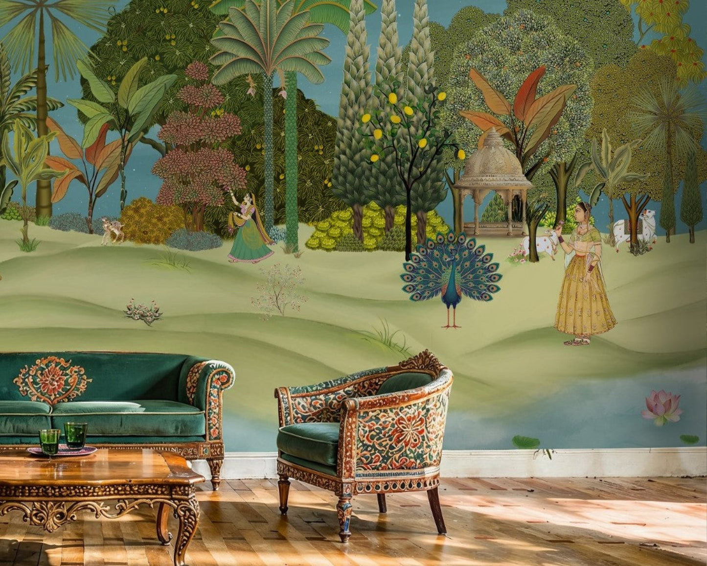 Panoramic Vrindavan Garden Pichwai wallpaper mural with peacocks, lush trees, temple pavilion and traditional Indian heritage landscape wall art for luxury living room by Tetsip Media