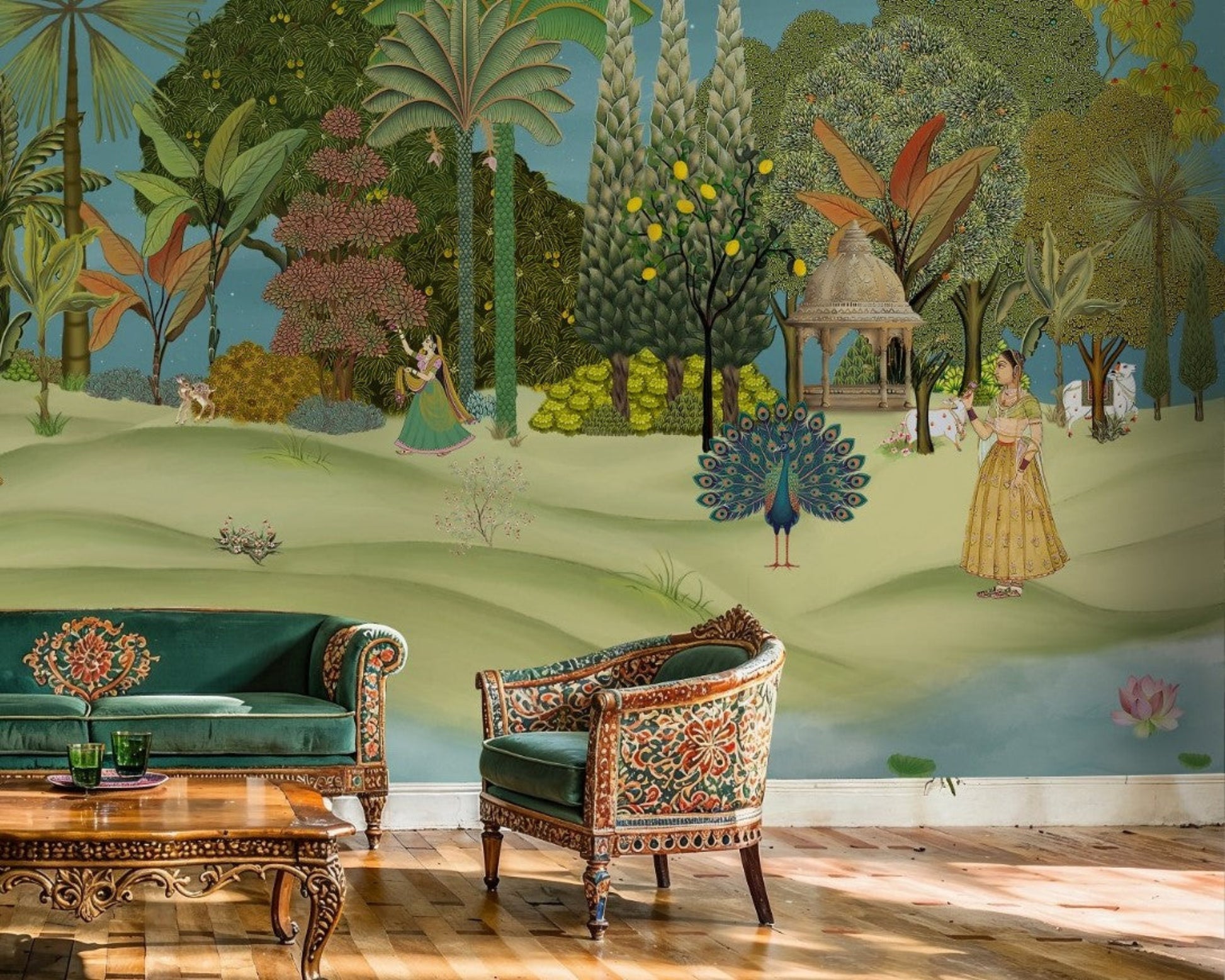 Panoramic Vrindavan Garden Pichwai wallpaper mural with peacocks, lush trees, temple pavilion and traditional Indian heritage landscape wall art for luxury living room by Tetsip Media
