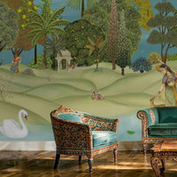Panoramic Vrindavan Garden Pichwai wallpaper mural with peacocks, lush trees, temple pavilion and traditional Indian heritage landscape wall art for luxury living room by Tetsip Media
