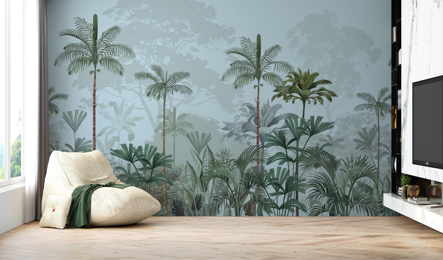 An architectural perspective of a high-ceilinged contemporary lounge featuring the Paradise Palms Mural in Arctic Blue as a full-scale feature wall. The mural’s expansive botanical vista pairs elegantly with crisp white furniture and polished metal accents, creating a peaceful and cultured interior sanctuary.