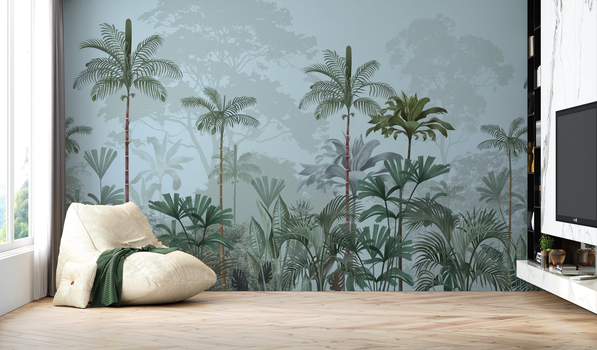 An architectural perspective of a high-ceilinged contemporary lounge featuring the Paradise Palms Mural in Arctic Blue as a full-scale feature wall. The mural’s expansive botanical vista pairs elegantly with crisp white furniture and polished metal accents, creating a peaceful and cultured interior sanctuary.