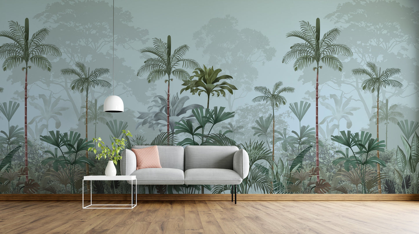 An architectural perspective of a high-ceilinged contemporary lounge featuring the Paradise Palms Mural in Arctic Blue as a full-scale feature wall. The mural’s expansive botanical vista pairs elegantly with crisp white furniture and polished metal accents, creating a peaceful and cultured interior sanctuary.