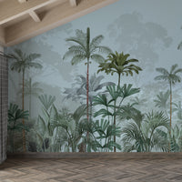 An architectural perspective of a high-ceilinged contemporary lounge featuring the Paradise Palms Mural in Arctic Blue as a full-scale feature wall. The mural’s expansive botanical vista pairs elegantly with crisp white furniture and polished metal accents, creating a peaceful and cultured interior sanctuary.