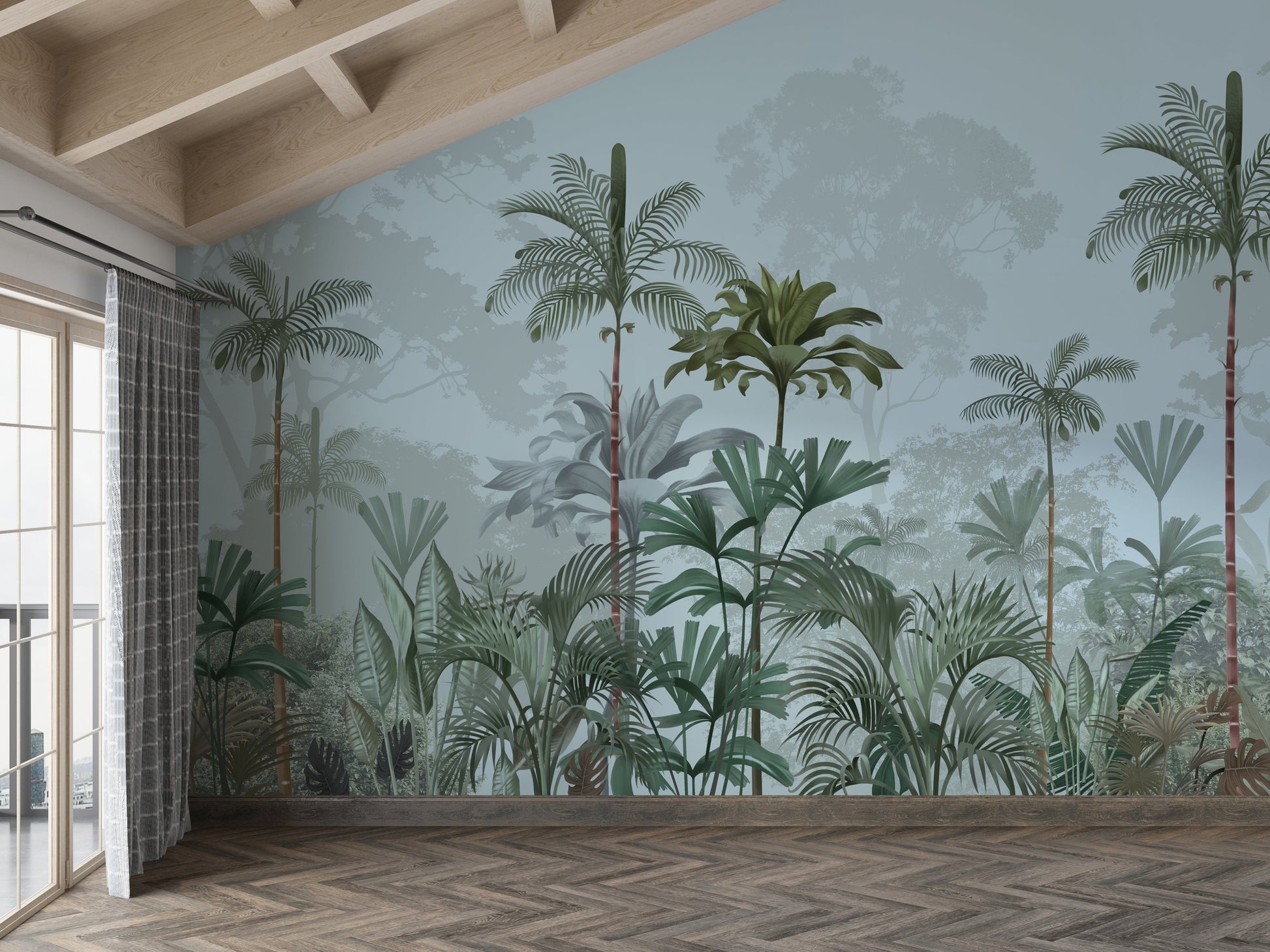 An architectural perspective of a high-ceilinged contemporary lounge featuring the Paradise Palms Mural in Arctic Blue as a full-scale feature wall. The mural’s expansive botanical vista pairs elegantly with crisp white furniture and polished metal accents, creating a peaceful and cultured interior sanctuary.
