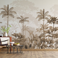 An architectural perspective of a high-ceilinged contemporary lounge featuring the Paradise Palms Mural in Coyote Brown as a full-scale feature wall. The mural’s expansive botanical vista pairs elegantly with natural wood textures and cognac leather furniture, creating a peaceful and cultured interior sanctuary.