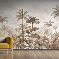 An architectural perspective of a high-ceilinged contemporary lounge featuring the Paradise Palms Mural in Coyote Brown as a full-scale feature wall. The mural’s expansive botanical vista pairs elegantly with natural wood textures and cognac leather furniture, creating a peaceful and cultured interior sanctuary.