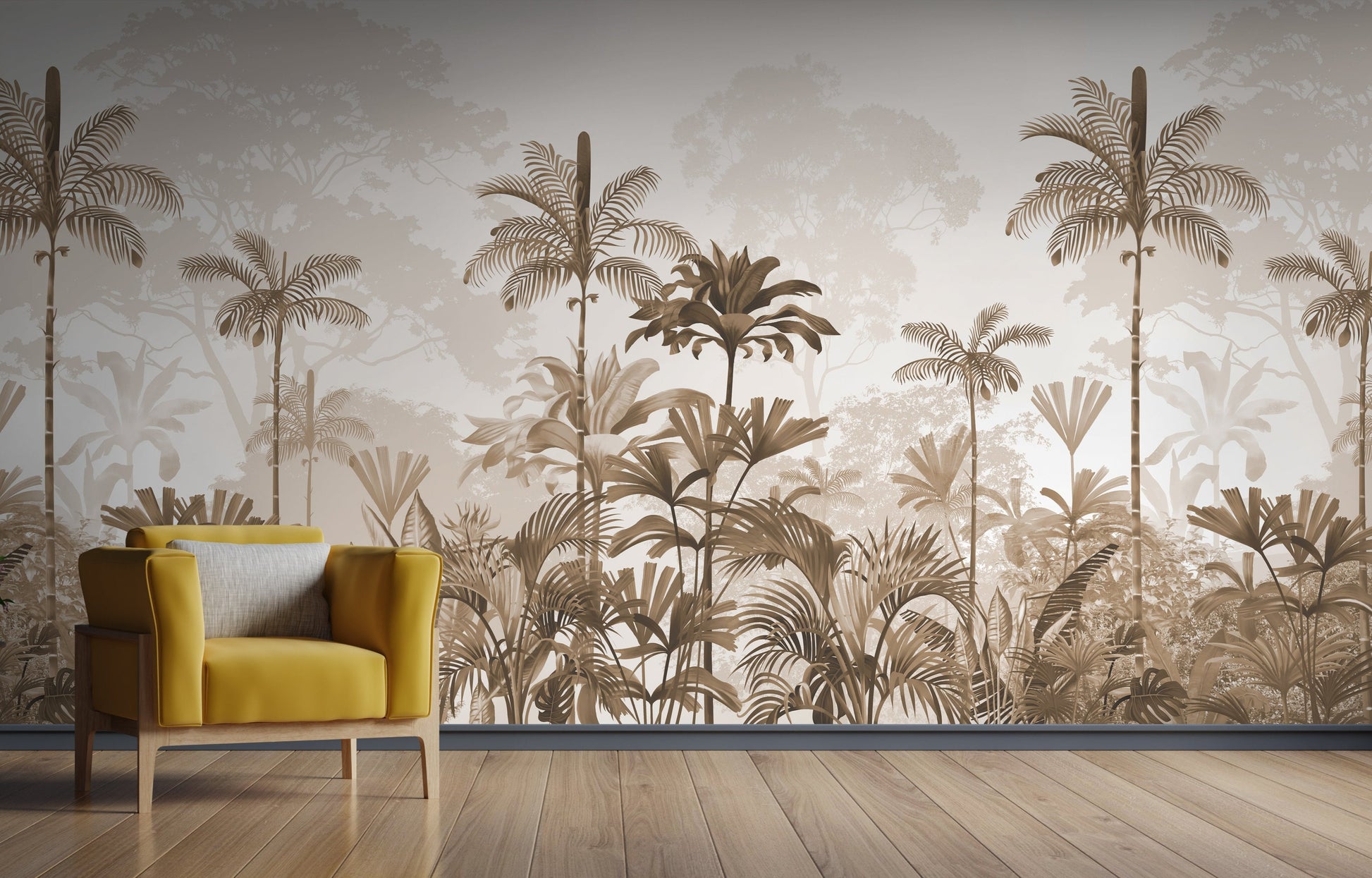 An architectural perspective of a high-ceilinged contemporary lounge featuring the Paradise Palms Mural in Coyote Brown as a full-scale feature wall. The mural’s expansive botanical vista pairs elegantly with natural wood textures and cognac leather furniture, creating a peaceful and cultured interior sanctuary.