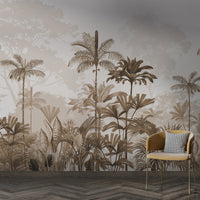 An architectural perspective of a high-ceilinged contemporary lounge featuring the Paradise Palms Mural in Coyote Brown as a full-scale feature wall. The mural’s expansive botanical vista pairs elegantly with natural wood textures and cognac leather furniture, creating a peaceful and cultured interior sanctuary.