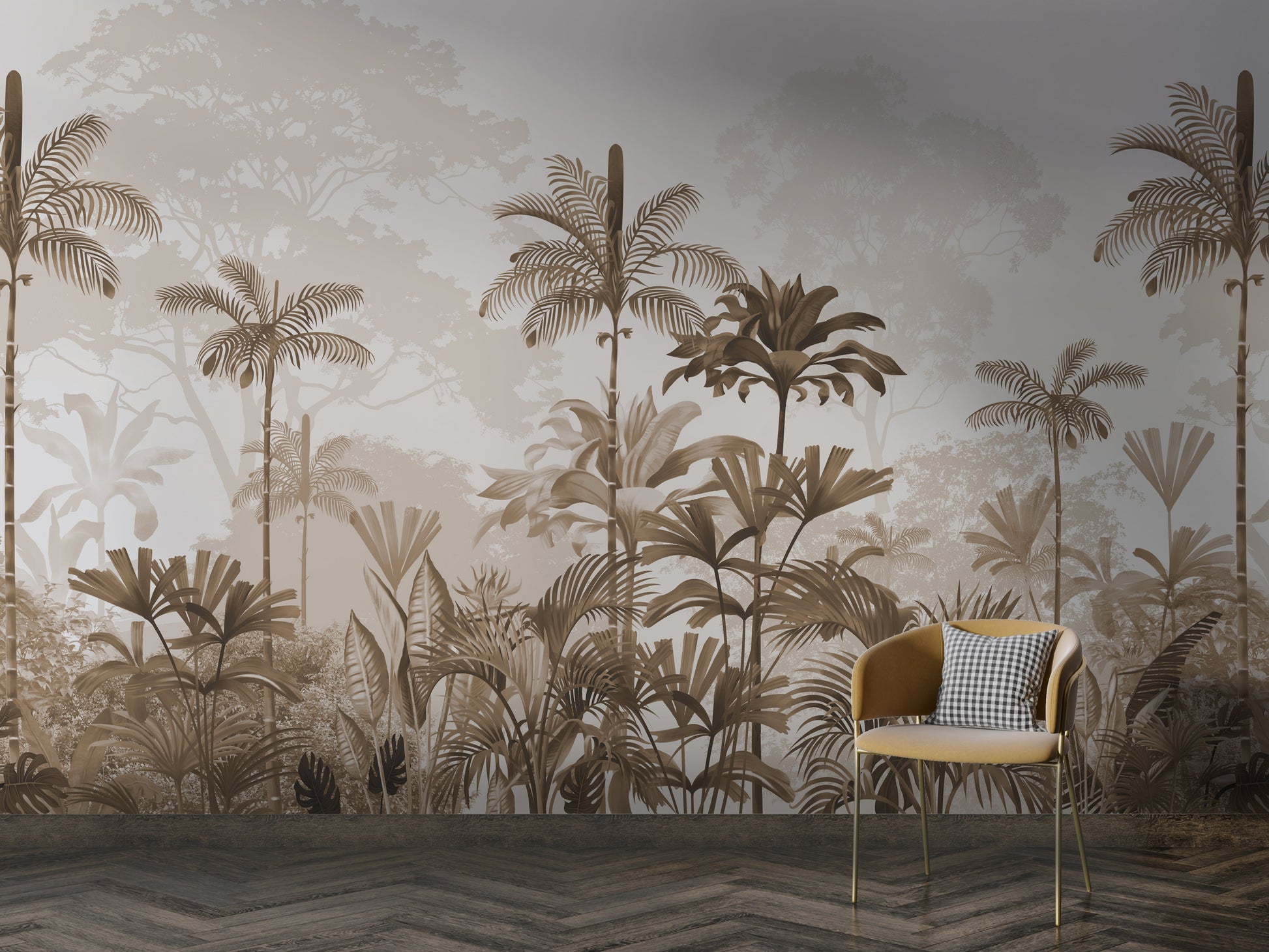 An architectural perspective of a high-ceilinged contemporary lounge featuring the Paradise Palms Mural in Coyote Brown as a full-scale feature wall. The mural’s expansive botanical vista pairs elegantly with natural wood textures and cognac leather furniture, creating a peaceful and cultured interior sanctuary.
