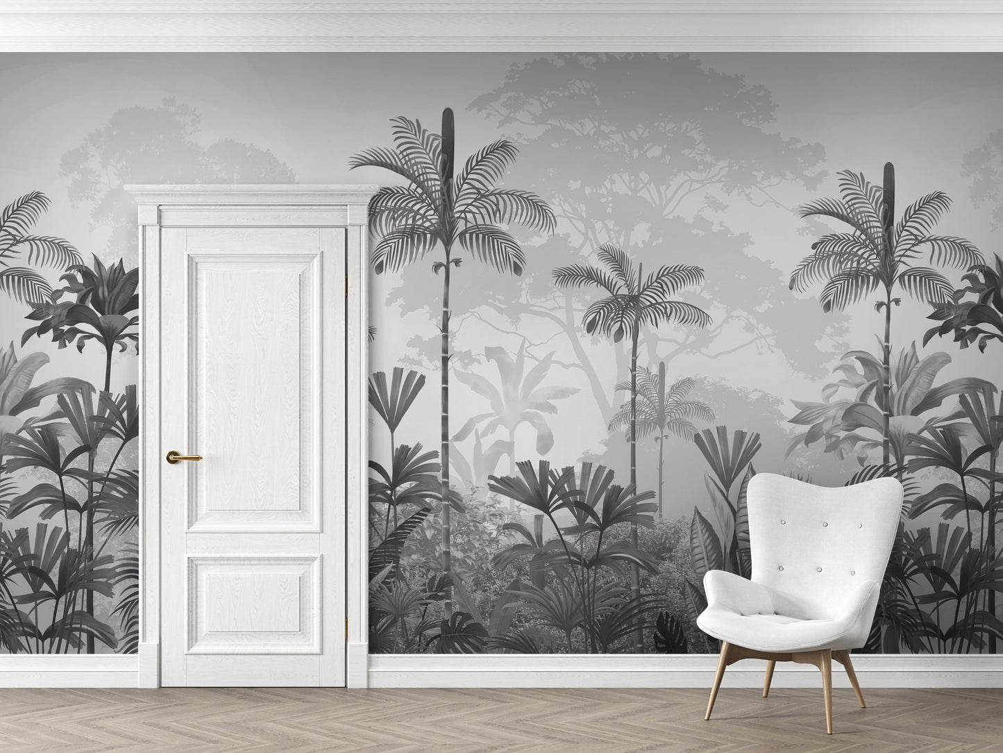 An architectural perspective of a high-ceilinged contemporary lounge featuring the Paradise Palms Mural in Ivory White as a full-scale feature wall. The mural’s expansive botanical vista pairs elegantly with light-toned furniture and organic textures, creating a peaceful and cultured interior sanctuary.