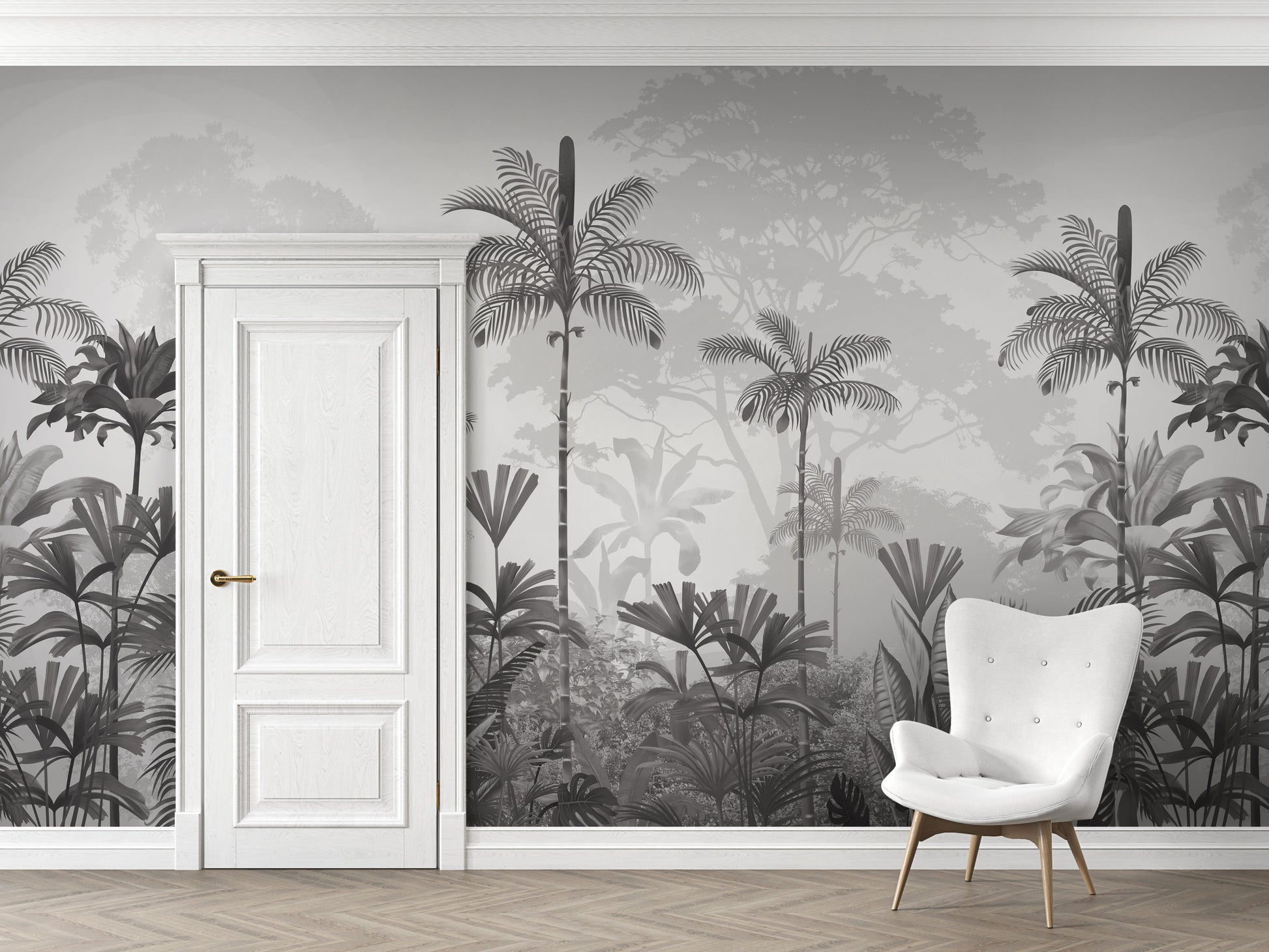 An architectural perspective of a high-ceilinged contemporary lounge featuring the Paradise Palms Mural in Ivory White as a full-scale feature wall. The mural’s expansive botanical vista pairs elegantly with light-toned furniture and organic textures, creating a peaceful and cultured interior sanctuary.