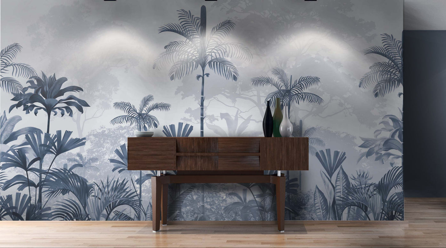 An architectural perspective of a high-ceilinged contemporary lounge featuring the Paradise Palms Mural in Ocean Blue as a full-scale feature wall. The mural’s expansive botanical vista pairs elegantly with crisp white furniture and metallic accents, creating a peaceful and cultured interior sanctuary.