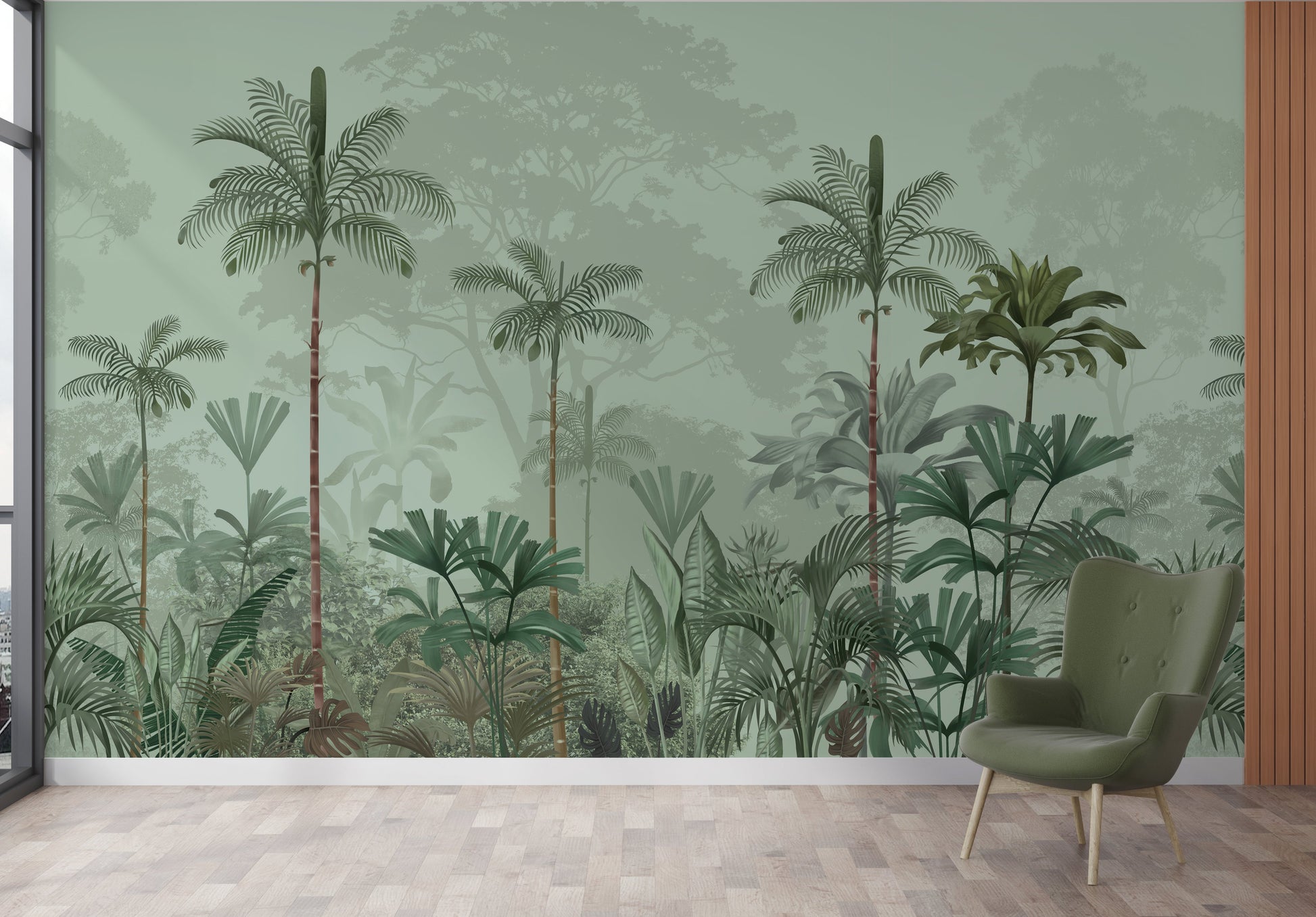 An architectural perspective of a high-ceilinged contemporary lounge featuring the Paradise Palms Mural in Sage Green as a full-scale feature wall. The mural’s expansive botanical vista pairs elegantly with mid-century modern furniture and natural sunlight, creating a peaceful and cultured interior sanctuary.