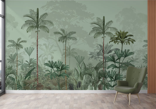 An architectural perspective of a high-ceilinged contemporary lounge featuring the Paradise Palms Mural in Sage Green as a full-scale feature wall. The mural’s expansive botanical vista pairs elegantly with mid-century modern furniture and natural sunlight, creating a peaceful and cultured interior sanctuary.