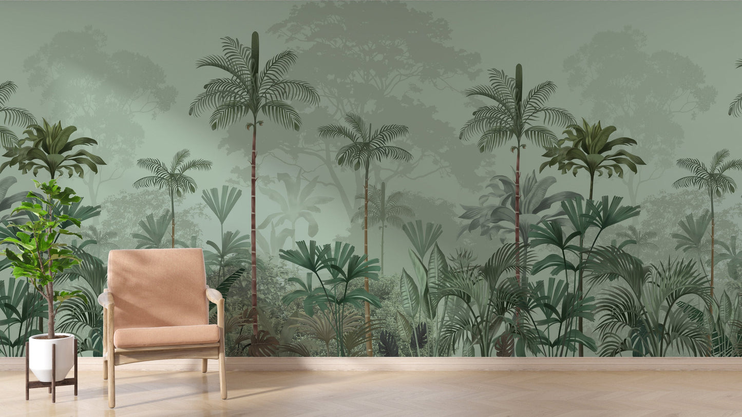 An architectural perspective of a high-ceilinged contemporary lounge featuring the Paradise Palms Mural in Sage Green as a full-scale feature wall. The mural’s expansive botanical vista pairs elegantly with mid-century modern furniture and natural sunlight, creating a peaceful and cultured interior sanctuary.