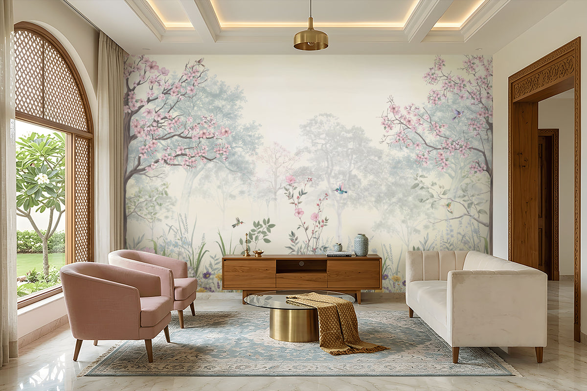 1558_DA Blossom Reverie – Pastel Floral Landscape Wallpaper, Willow Green