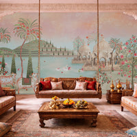 1333_DA Peach and Blush Pink Lotus Lake Pichwai Heritage Wallpaper