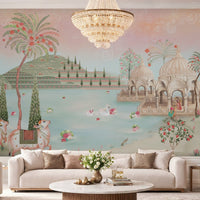 Peach and blush pink Pichwai wallpaper mural installed in a grand Indian classical music room with lotus lake, cows, and Vrindavan heritage design in soft pastel tones with natural daylight.